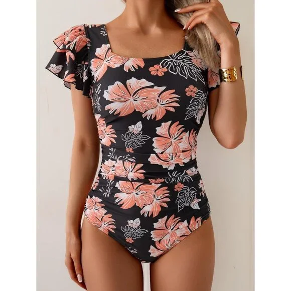 Womens Eomenie Black One Piece Tummy Control Swimsuit with Ruffle & Ruched Back - Picture 3 of 5